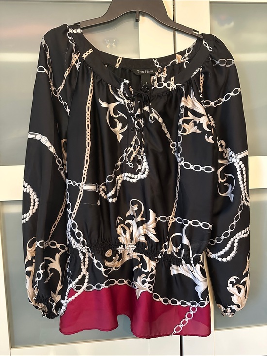 White House Black Market Tops - White House Black Market Black Chain-Print Peasant Blouse with Burgundy Hem
